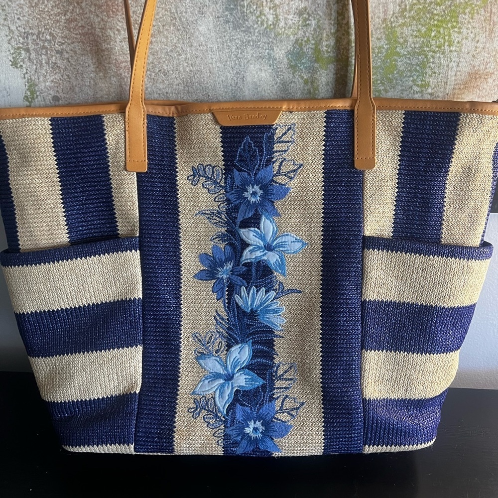 Vera Bradley Navy and Cream Floral-Embroidered Straw Tote with Tan Handles - Picture 3 of 12